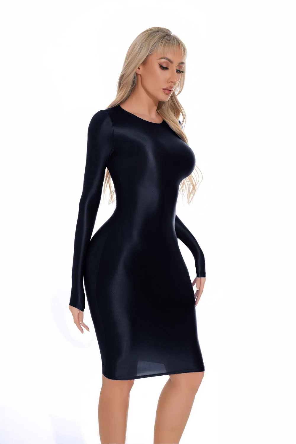 M XL Long Sleeve Golssy Shiny Midi Dress Tights Package Hip Minifalda Sexy Clubwear Vestido Bodycon Dresses Bodystocking Robe