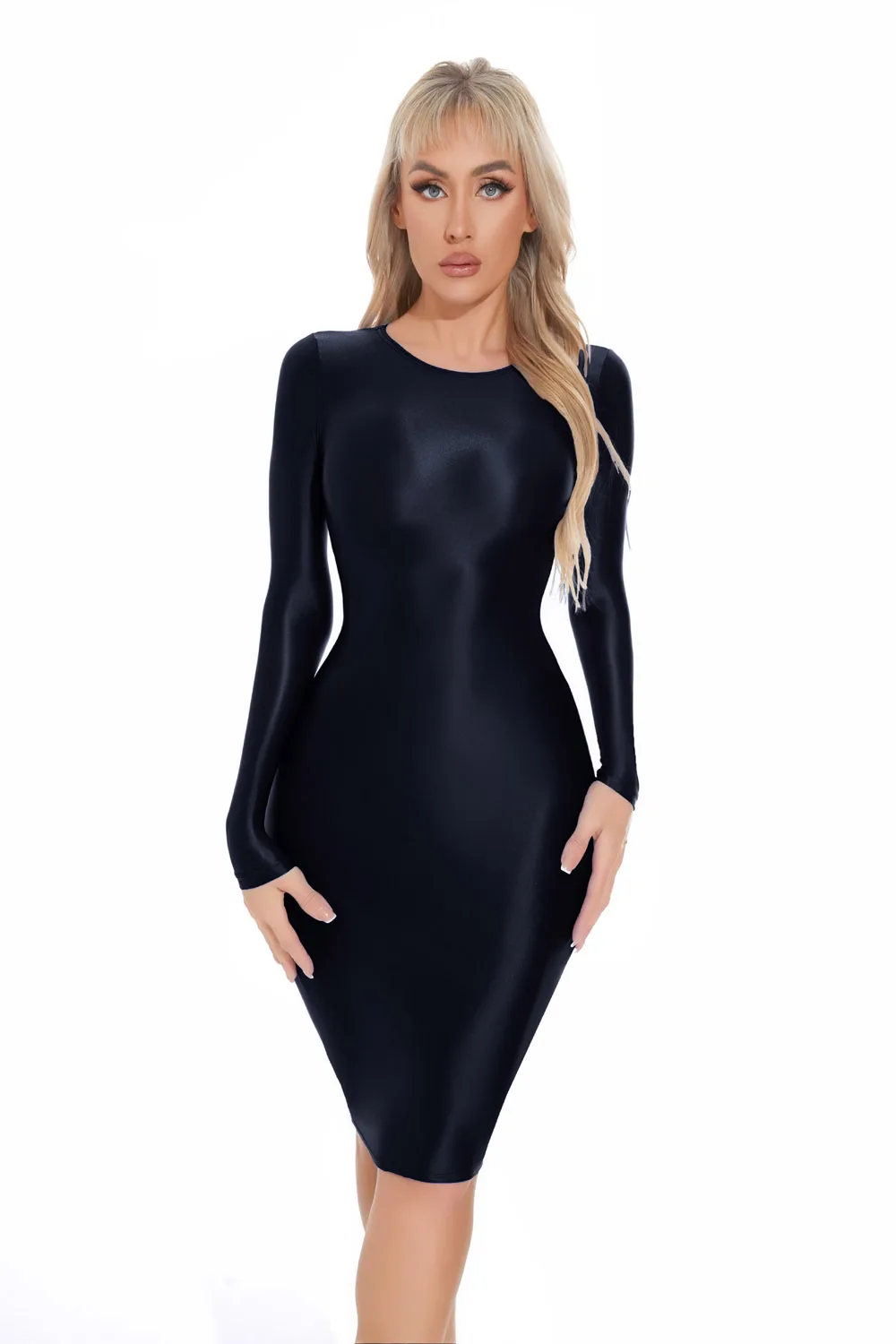 M XL Long Sleeve Golssy Shiny Midi Dress Tights Package Hip Minifalda Sexy Clubwear Vestido Bodycon Dresses Bodystocking Robe
