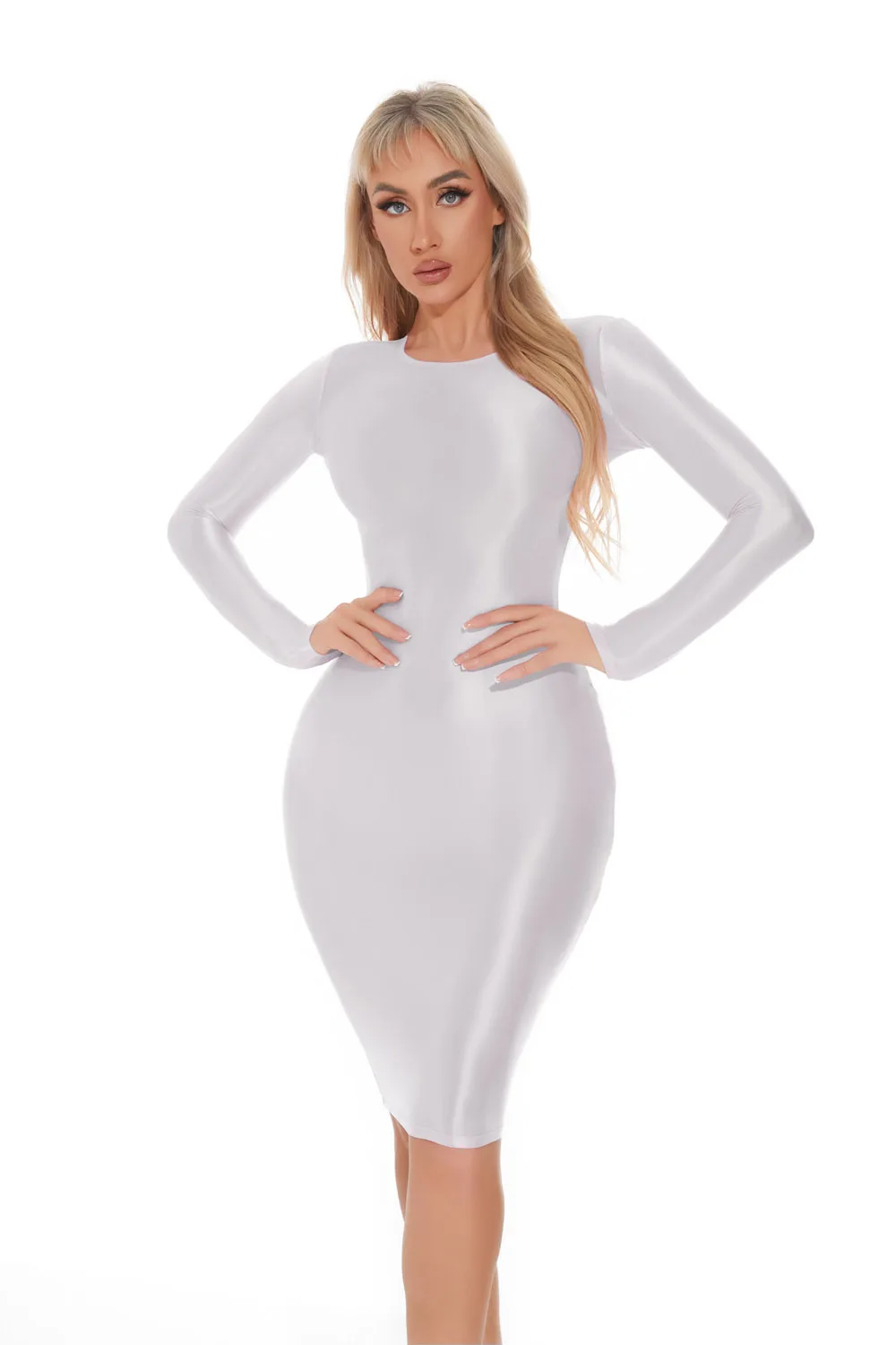 M XL Long Sleeve Golssy Shiny Midi Dress Tights Package Hip Minifalda Sexy Clubwear Vestido Bodycon Dresses Bodystocking Robe
