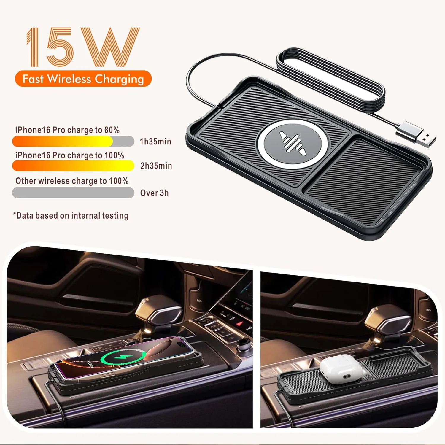 TIMESS Fast Car Wireless Charging Pad Non Slip Charger Station Stand for IPhone17 16 15 14 PRO MAX Airpods 3 2 Pro for Android