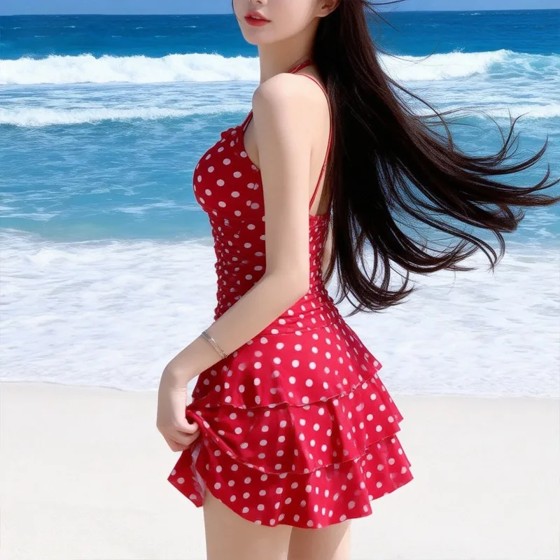 Sweet Red Polka Dot Halter One Piece Swimsuit Dress with Ruched Bodice Ruffle Hem Modest Swimwear for Beach Pool Vacation
