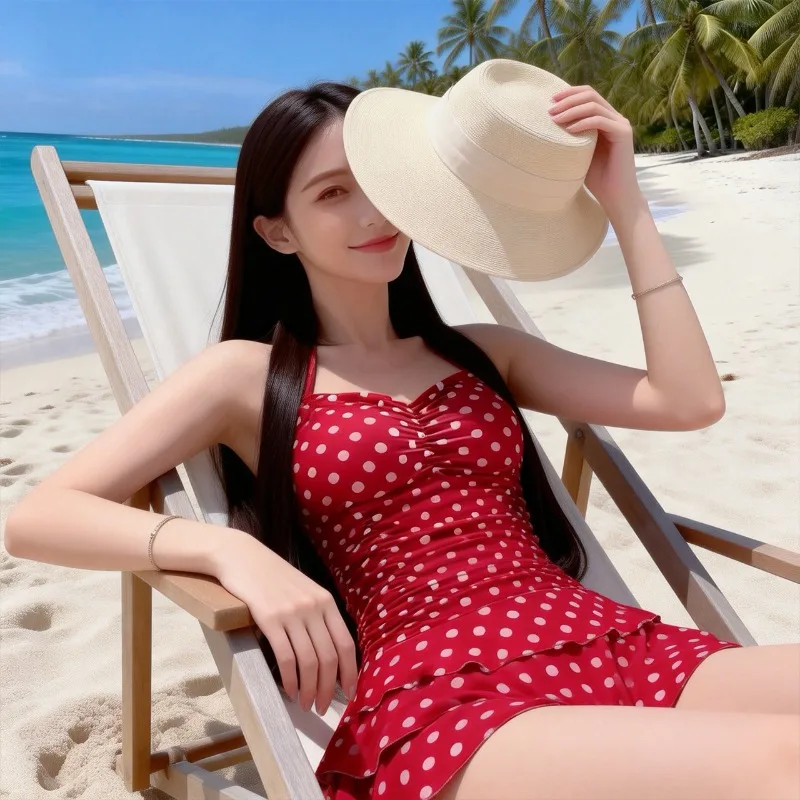 Sweet Red Polka Dot Halter One Piece Swimsuit Dress with Ruched Bodice Ruffle Hem Modest Swimwear for Beach Pool Vacation