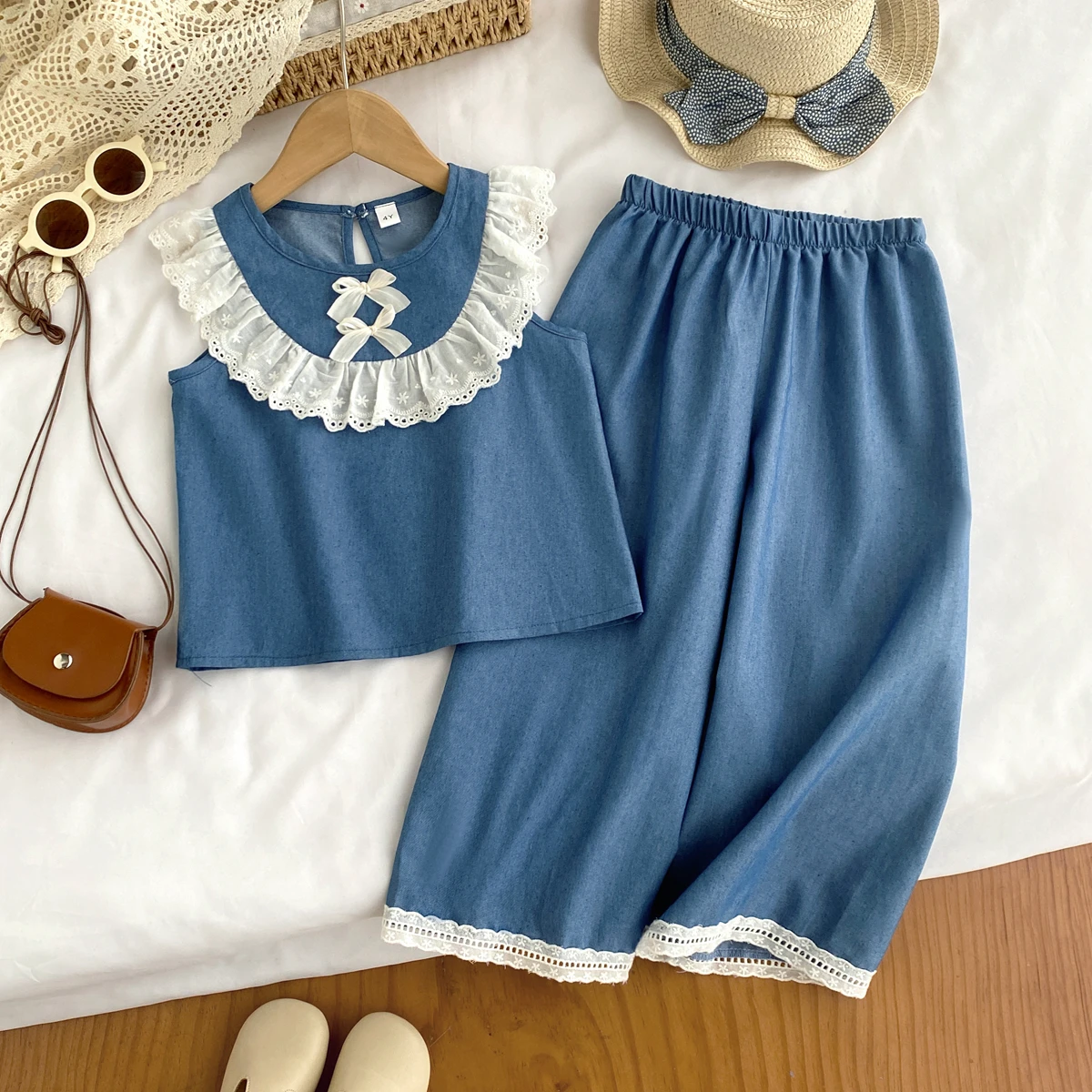 Kids Clothes Girls Summer Fashion Cowboy Blue Lace Bow+Lace Wide Leg Pants Sets Children's Daily Casual Wear