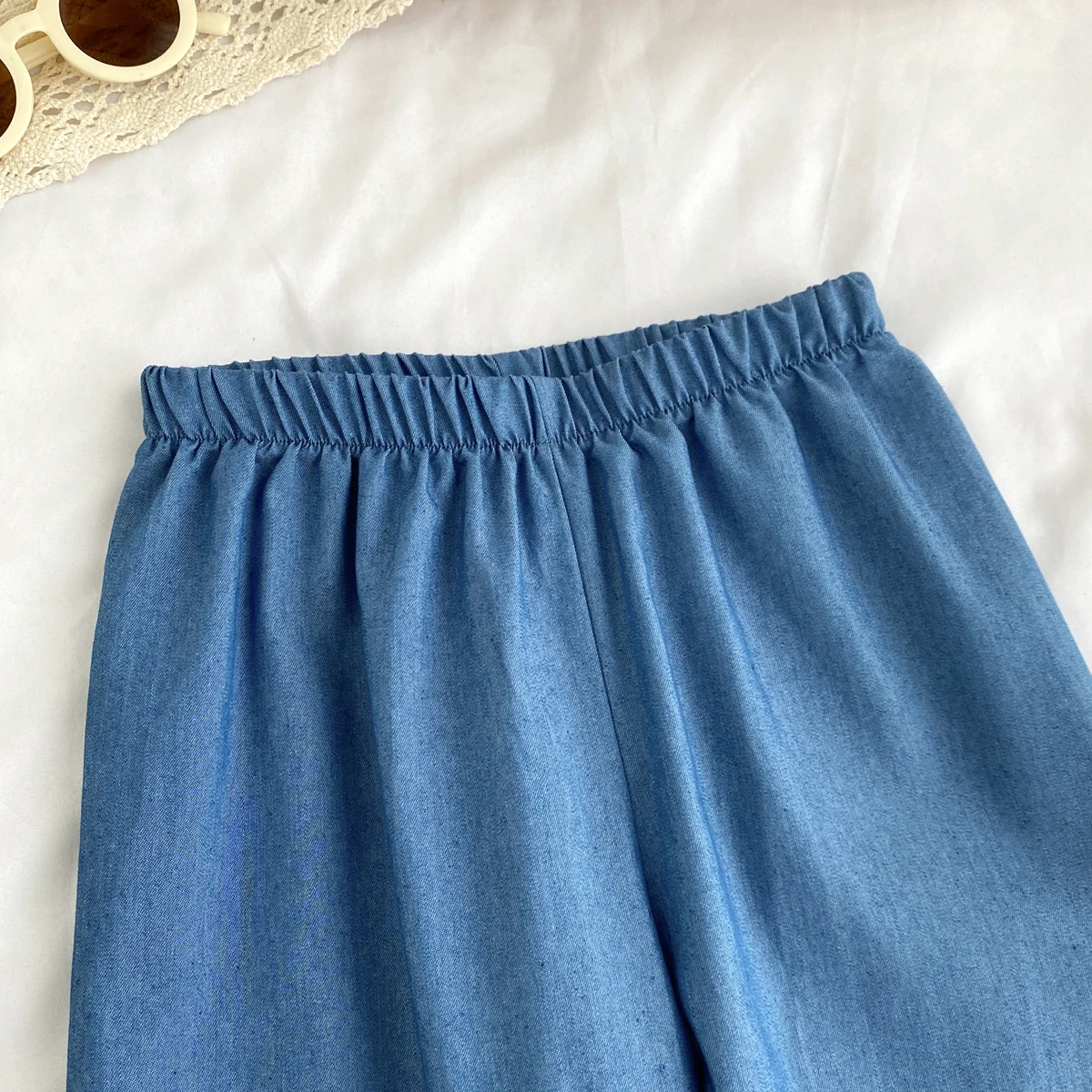 Kids Clothes Girls Summer Fashion Cowboy Blue Lace Bow+Lace Wide Leg Pants Sets Children's Daily Casual Wear