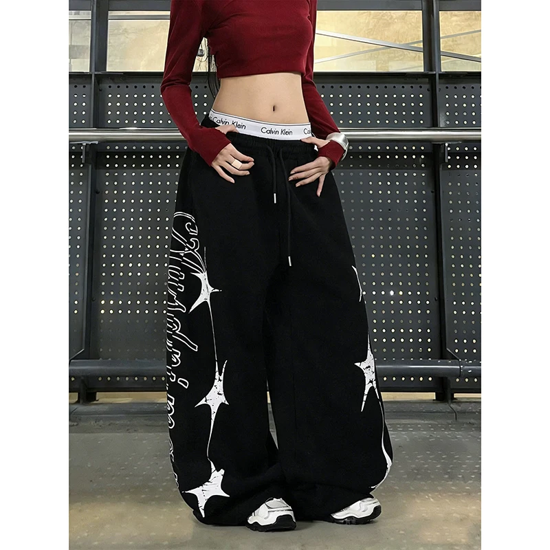 YIBASHU Women Gray Baggy Y2k Sports Pants Harajuku Streetwear Letter Print Sweatpants Oversize Dance Pants 2000s Vintage Trouser