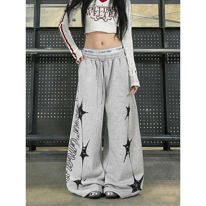 YIBASHU Women Gray Baggy Y2k Sports Pants Harajuku Streetwear Letter Print Sweatpants Oversize Dance Pants 2000s Vintage Trouser
