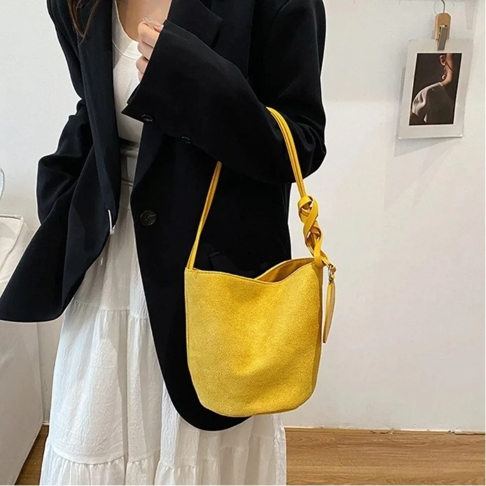 Fashion Solid Color Suede Bucket Bags Large Capacity Buckle Underarm Bag Shoulder Bag Women