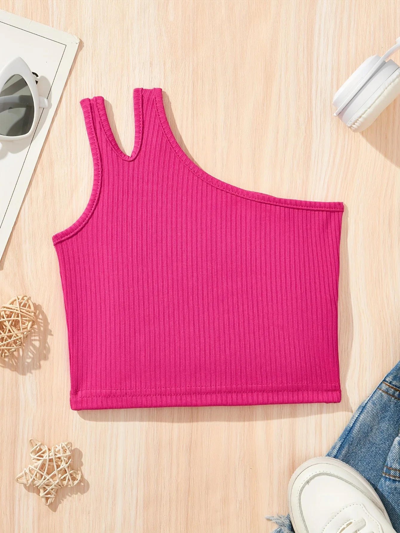 3 Pack Ribbed Crop Top Girls Asymmetric Neck Cami Tank Tops Casual Slim Fit Shirts Black White Hot Pink