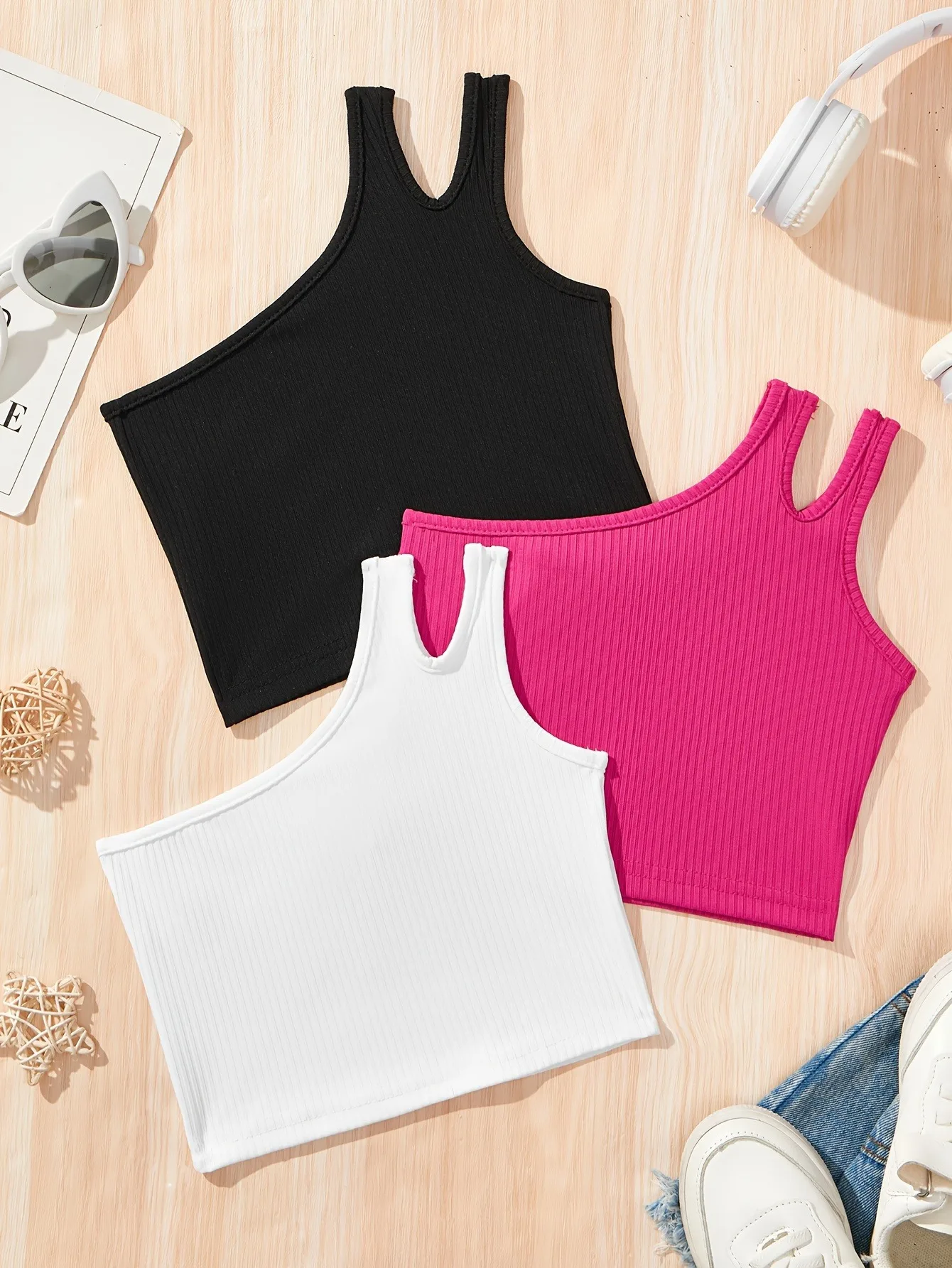3 Pack Ribbed Crop Top Girls Asymmetric Neck Cami Tank Tops Casual Slim Fit Shirts Black White Hot Pink
