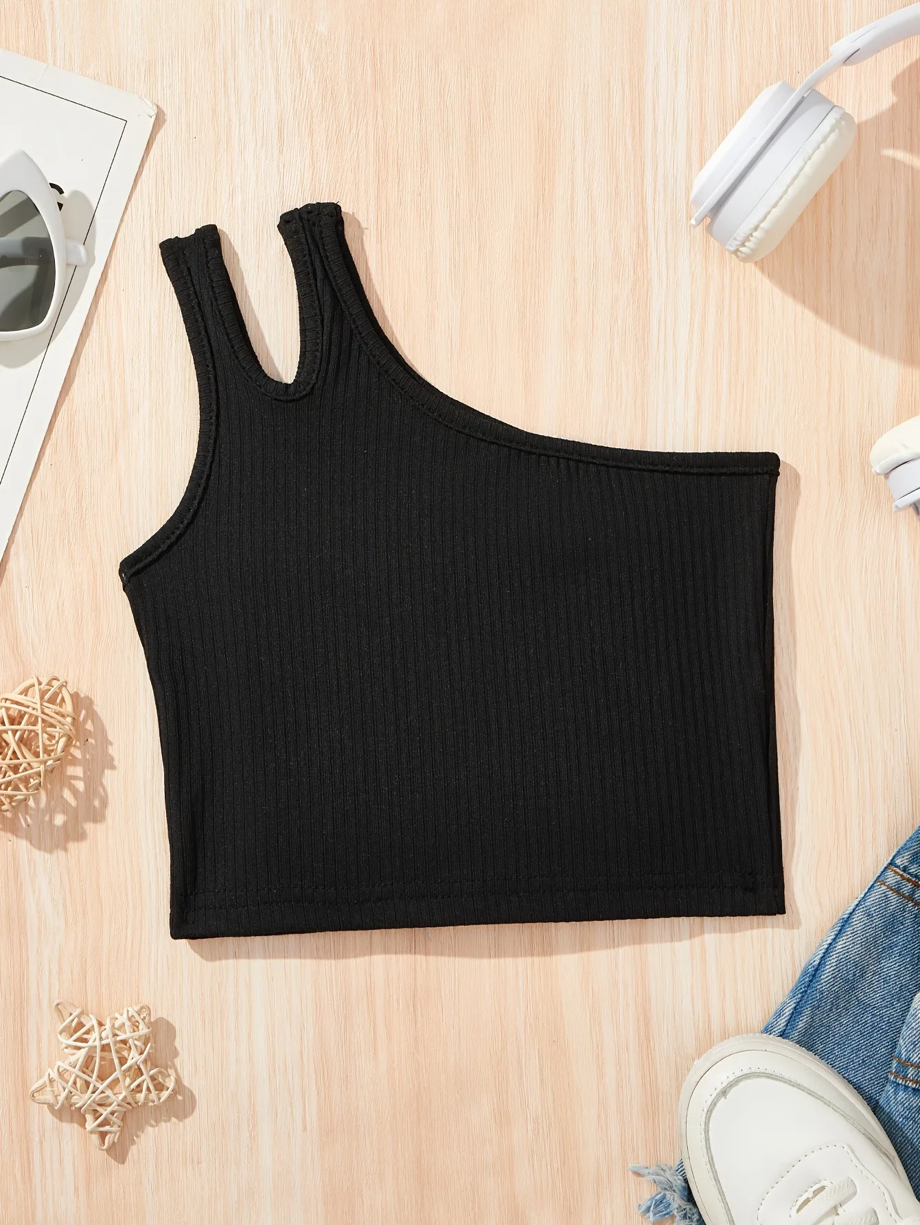 3 Pack Ribbed Crop Top Girls Asymmetric Neck Cami Tank Tops Casual Slim Fit Shirts Black White Hot Pink