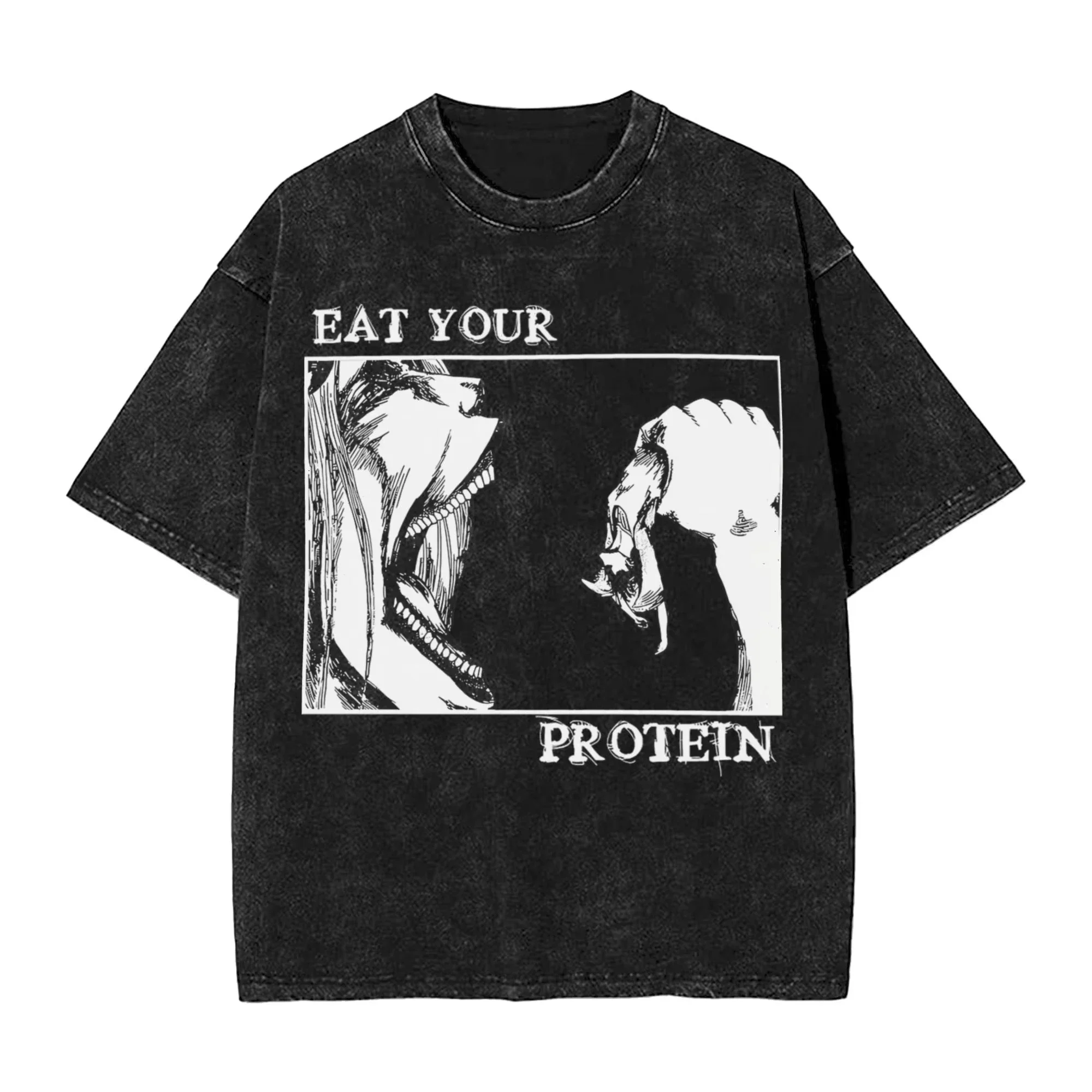 Washed TShirts Eat Your Protein Aot Eren Yeager Attack on Titan Hip Hop Cool T-Shirts Streetwear Tee Shirt Men Women 2026 Summer