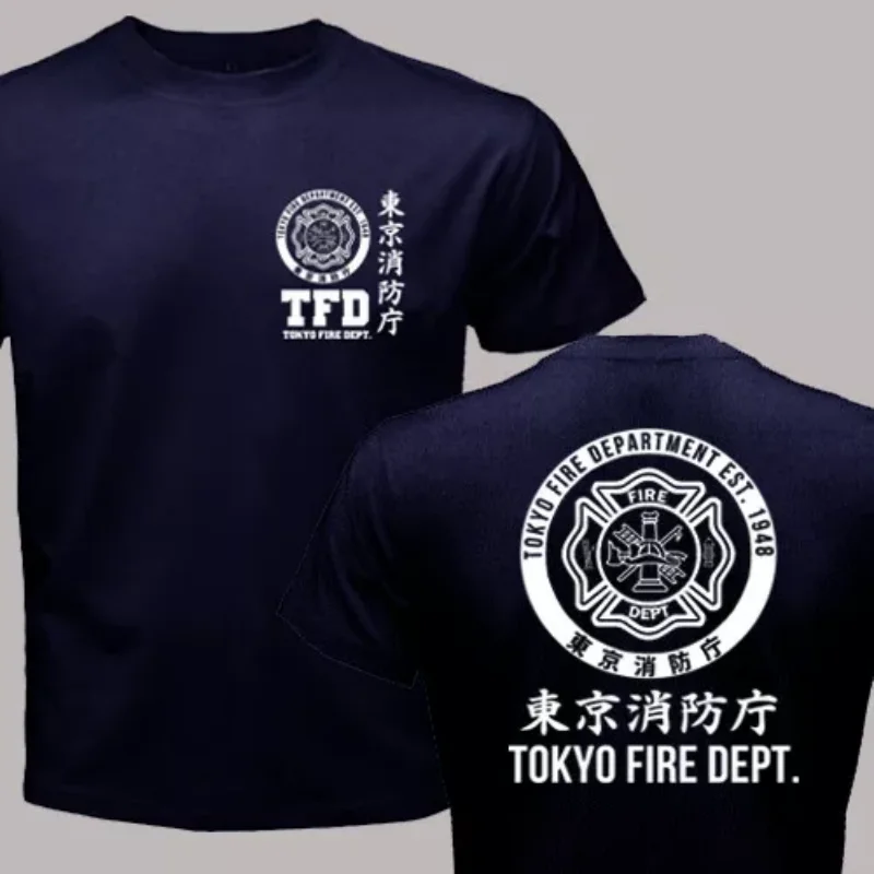 2026 Summer Men's Tokyo Fire Department Letter Printed Cotton Firefighter Round Neck Short Sleeve Large Outdoor Soft T-shirt