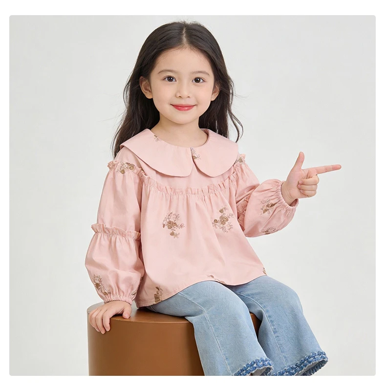 Girls' Shirt 2026 New Children Spring and Autumn Baby Shirt Top Little Girl Western Style Flower Embroidered Shirt