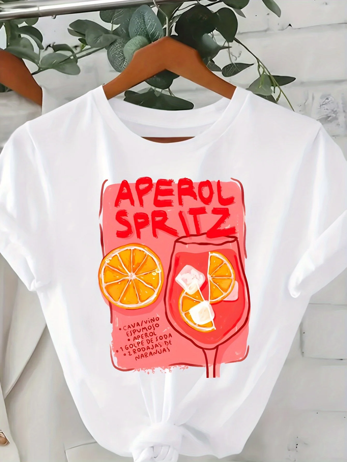 Casual Sleeve Women'S Tee Featuring An Aperol Spritz Cocktail Citrus Geometric in White with Pink Highlights Aesthetic Clothes