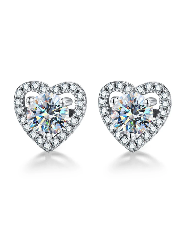 Real 0.5CT D Color Moissanite Diamond Heart Halo Stud Earrings for Women 925 Sterling Silver Luxury Fine Jewelry