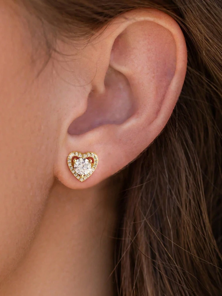 Real 0.5CT D Color Moissanite Diamond Heart Halo Stud Earrings for Women 925 Sterling Silver Luxury Fine Jewelry