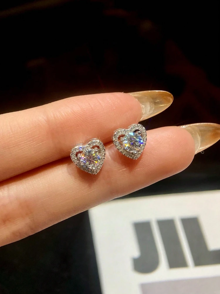 Real 0.5CT D Color Moissanite Diamond Heart Halo Stud Earrings for Women 925 Sterling Silver Luxury Fine Jewelry