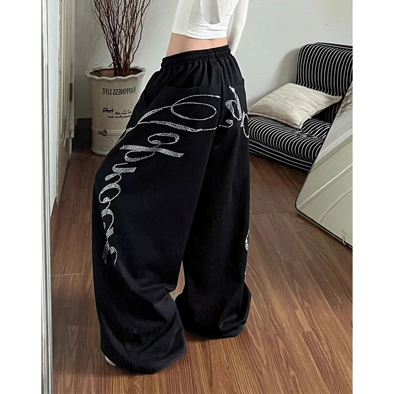 2026 Summer Women Black Gothic Baggy Y2k Letter Pants Aesthetic 2000s Vintage Oversize Hip-pop Sweatpants Wide Leg Trouser