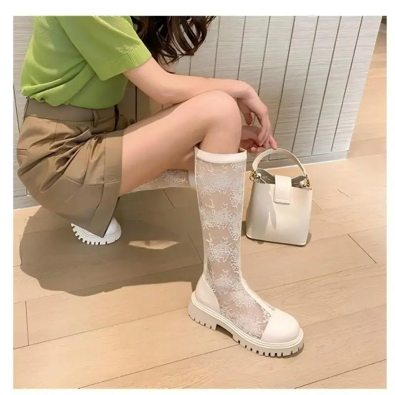 Women's Knee High Boots 2026 Summer Lace Mesh Sexy Breathable Floral Pattern Zipper Thick Sole