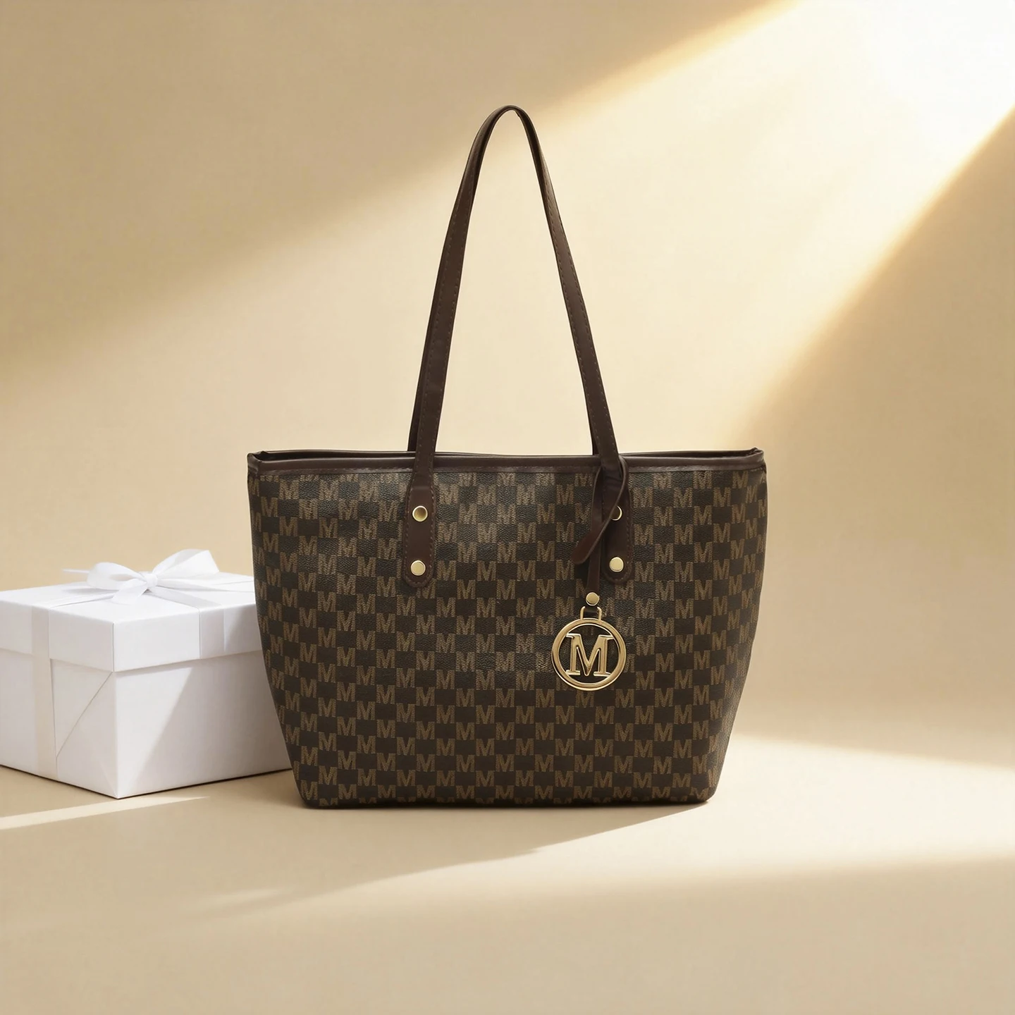 Fashion M Letter Print Tote Bag PU Letter Pendant Large Capacity Handbag Water Resistant Shoulder Bag for Commuting Shopping