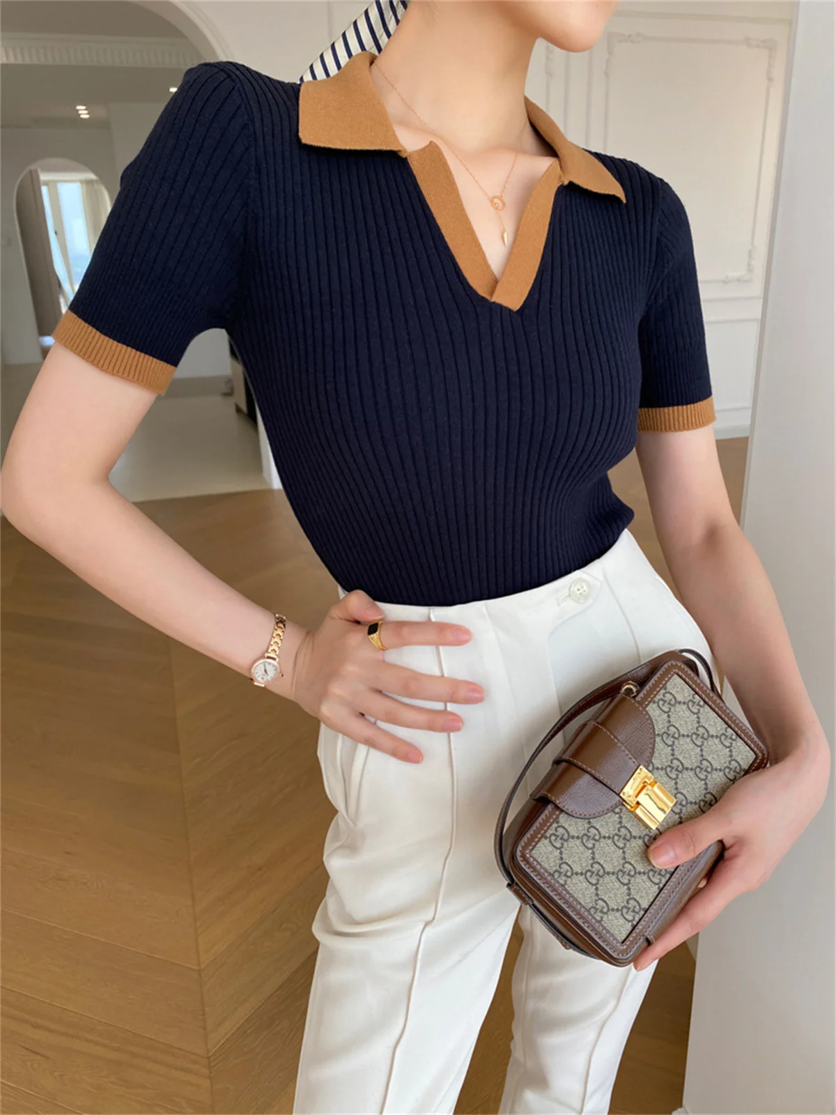 Short Sleeve Polo Neck Knitted Tops Women Lightweight Knitted Sweater Polo Shirts Elegant Office Lady Casual Chic Outfit