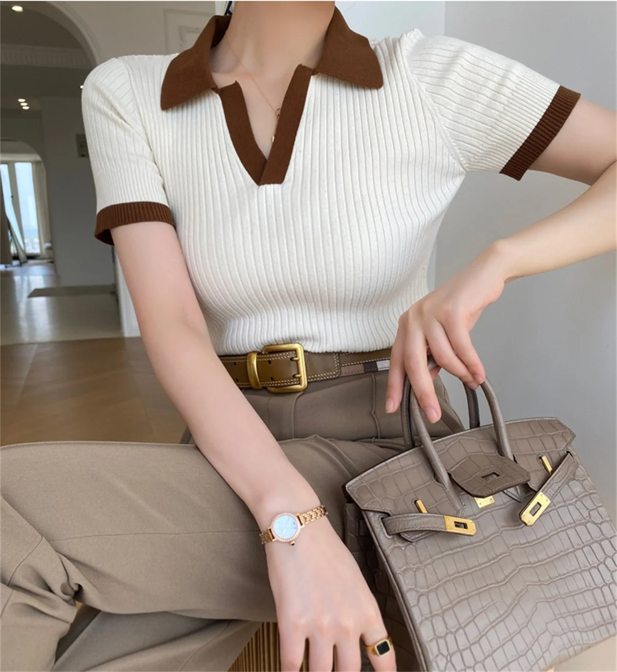 Short Sleeve Polo Neck Knitted Tops Women Lightweight Knitted Sweater Polo Shirts Elegant Office Lady Casual Chic Outfit