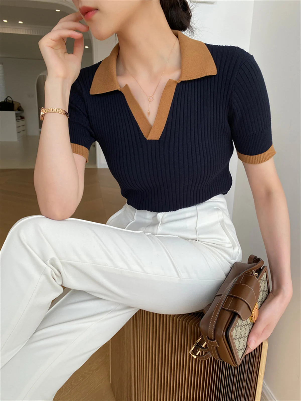 Short Sleeve Polo Neck Knitted Tops Women Lightweight Knitted Sweater Polo Shirts Elegant Office Lady Casual Chic Outfit