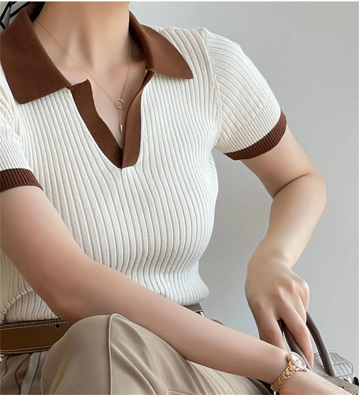 Short Sleeve Polo Neck Knitted Tops Women Lightweight Knitted Sweater Polo Shirts Elegant Office Lady Casual Chic Outfit
