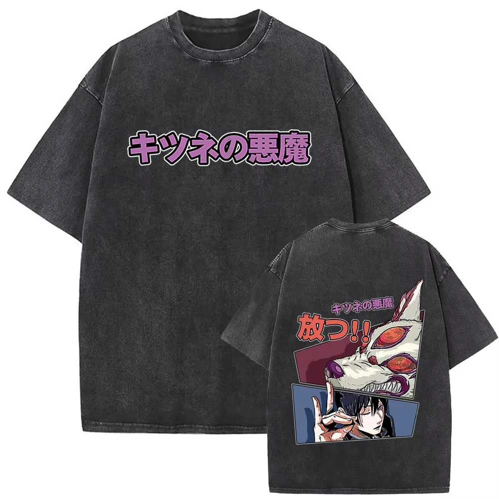 2026 Anime Chainsaw Man Vintage Washed T-shirt Hayakawa Aki Summon Kon Fox Devil Graphic T Shirt Men Women Casual Fashion Tshirt