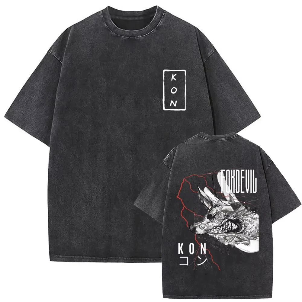 2026 Anime Chainsaw Man Vintage Washed T-shirt Hayakawa Aki Summon Kon Fox Devil Graphic T Shirt Men Women Casual Fashion Tshirt