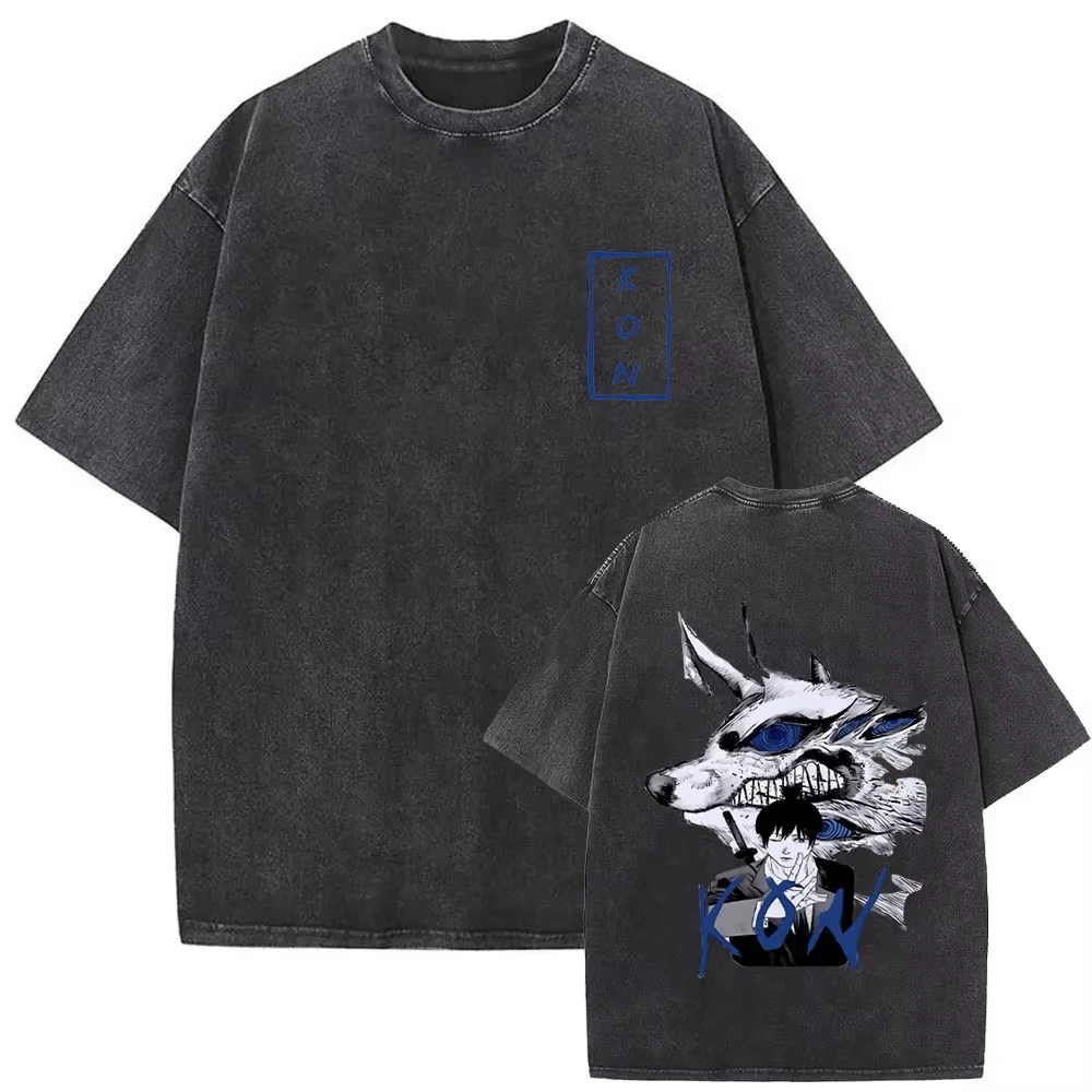 2026 Anime Chainsaw Man Vintage Washed T-shirt Hayakawa Aki Summon Kon Fox Devil Graphic T Shirt Men Women Casual Fashion Tshirt