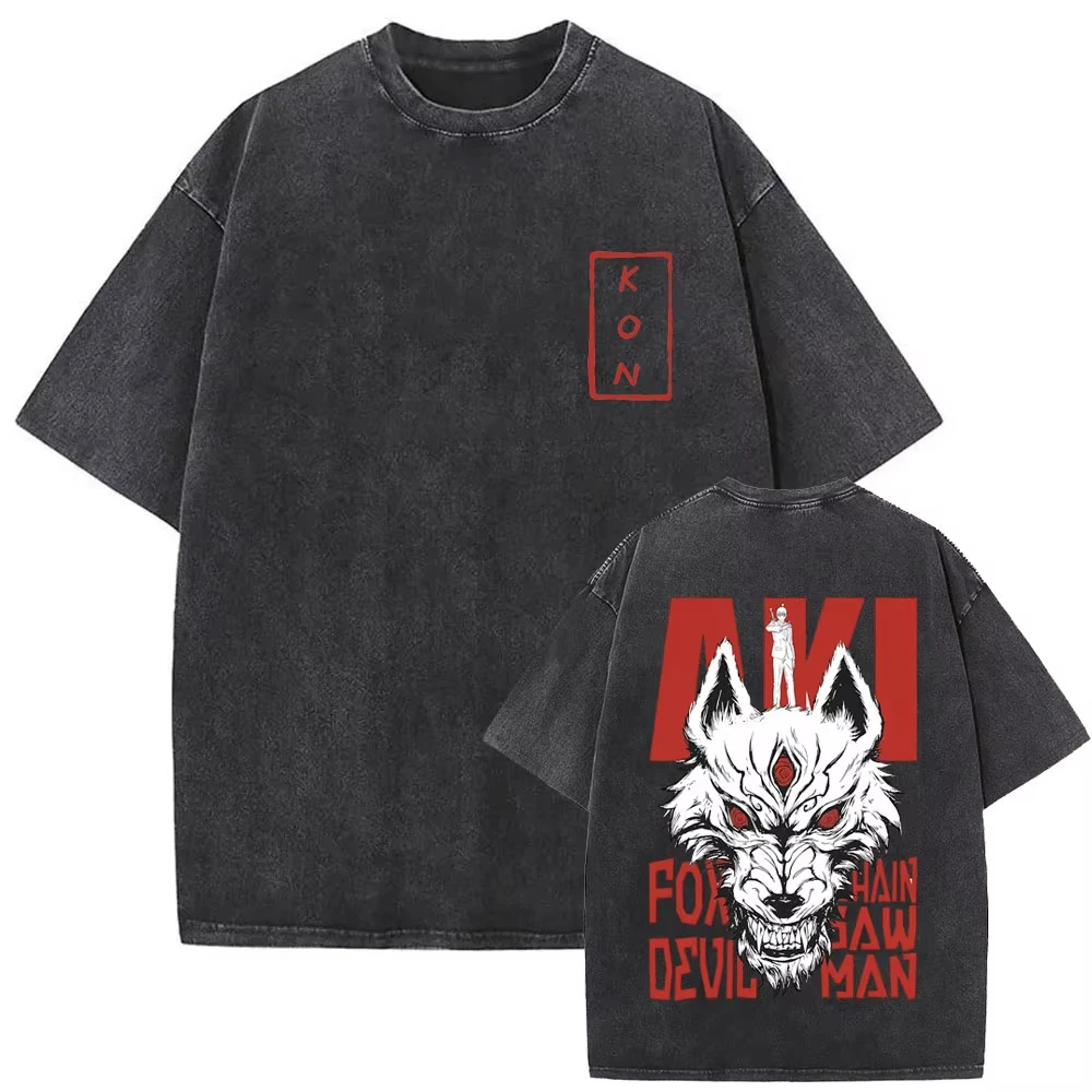 2026 Anime Chainsaw Man Vintage Washed T-shirt Hayakawa Aki Summon Kon Fox Devil Graphic T Shirt Men Women Casual Fashion Tshirt