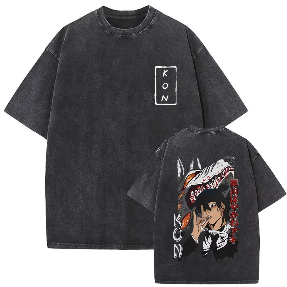 2026 Anime Chainsaw Man Vintage Washed T-shirt Hayakawa Aki Summon Kon Fox Devil Graphic T Shirt Men Women Casual Fashion Tshirt