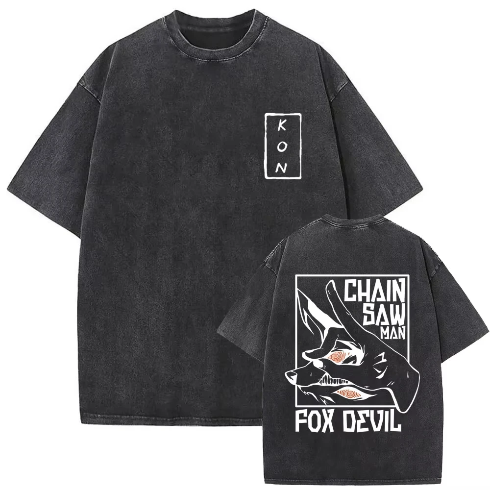 2026 Anime Chainsaw Man Vintage Washed T-shirt Hayakawa Aki Summon Kon Fox Devil Graphic T Shirt Men Women Casual Fashion Tshirt