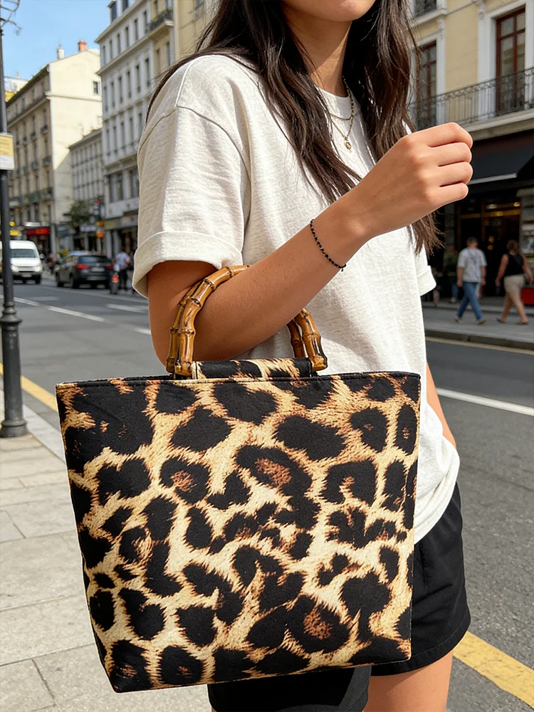 Vintage Leopard Print Women's Handbag, High-Quality Imitation Bamboo Handle Design, Portable Large-Capacity Women's Shoulder Bag