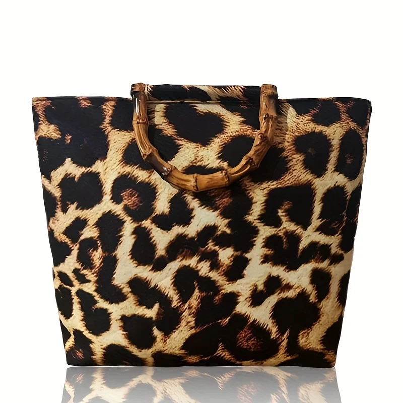 Vintage Leopard Print Women's Handbag, High-Quality Imitation Bamboo Handle Design, Portable Large-Capacity Women's Shoulder Bag