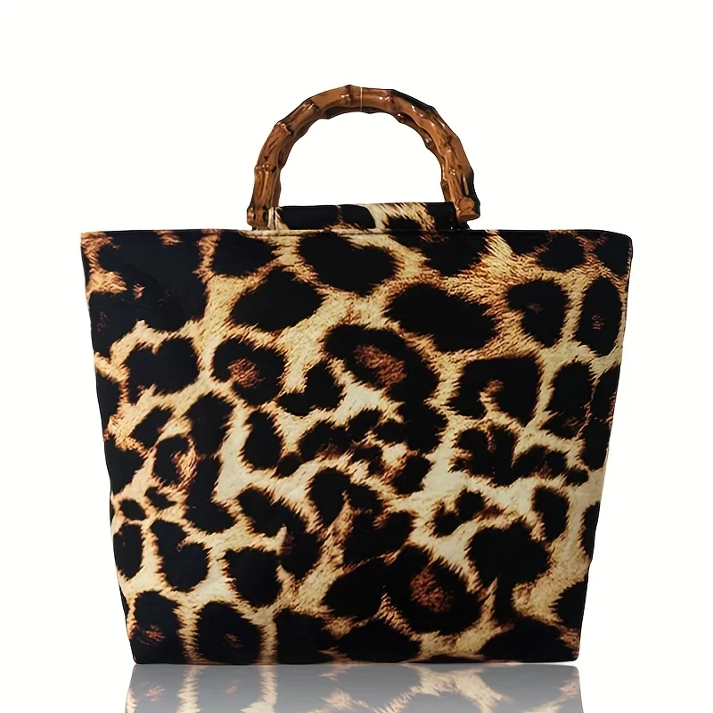 Vintage Leopard Print Women's Handbag, High-Quality Imitation Bamboo Handle Design, Portable Large-Capacity Women's Shoulder Bag