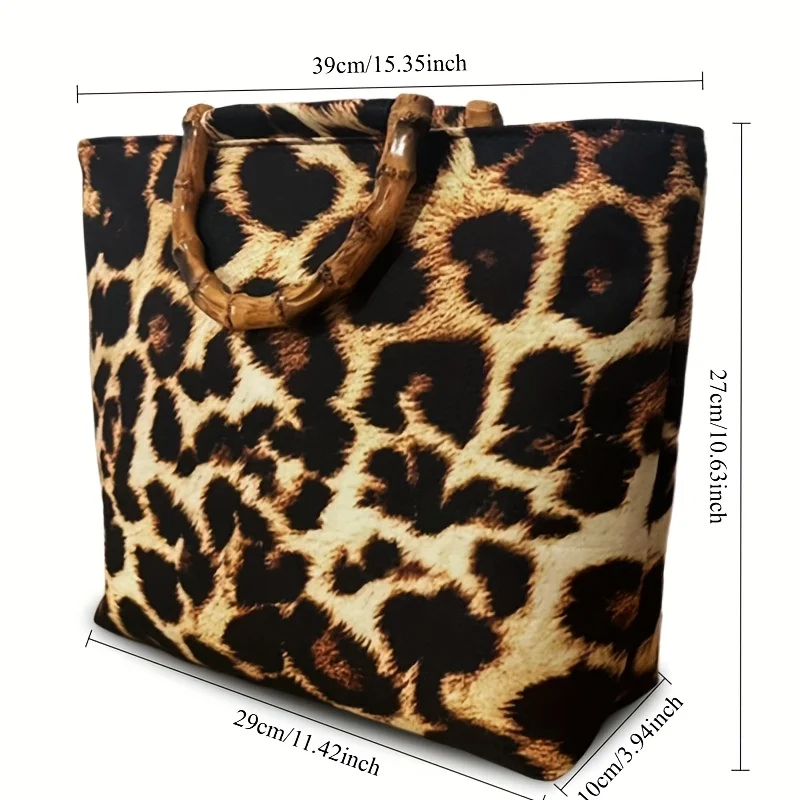 Vintage Leopard Print Women's Handbag, High-Quality Imitation Bamboo Handle Design, Portable Large-Capacity Women's Shoulder Bag
