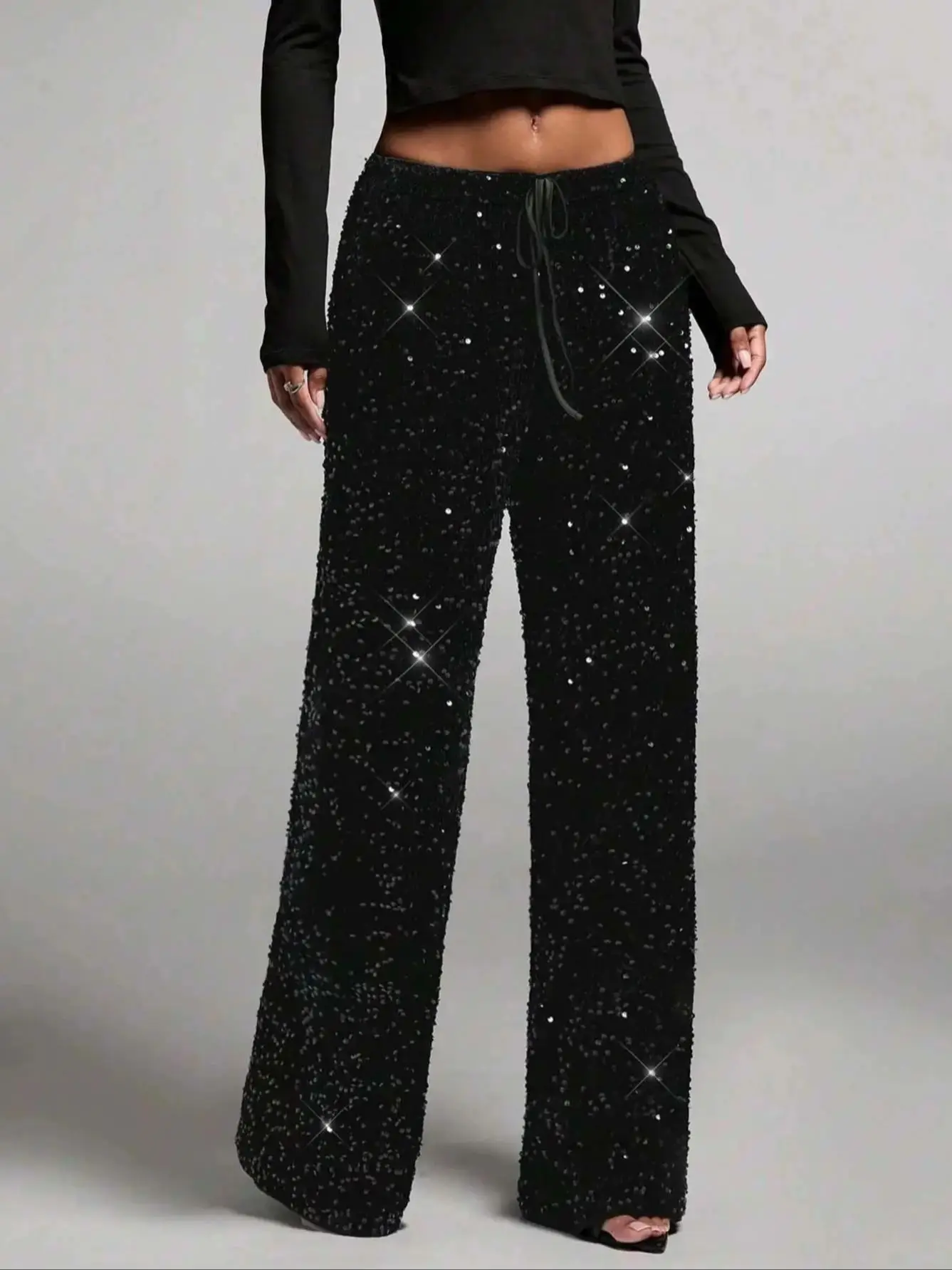 Euro-American style sequined fashion drawstring slimming new pants elastic straight-leg trousers women's clothing