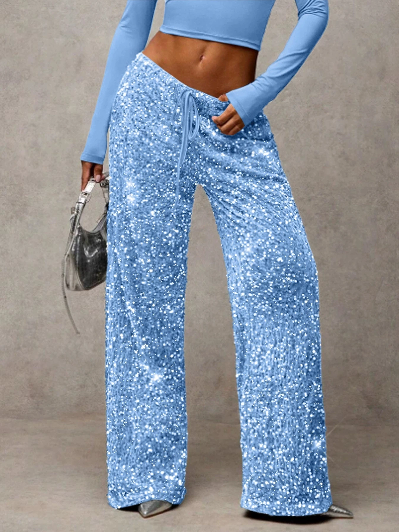 Euro-American style sequined fashion drawstring slimming new pants elastic straight-leg trousers women's clothing