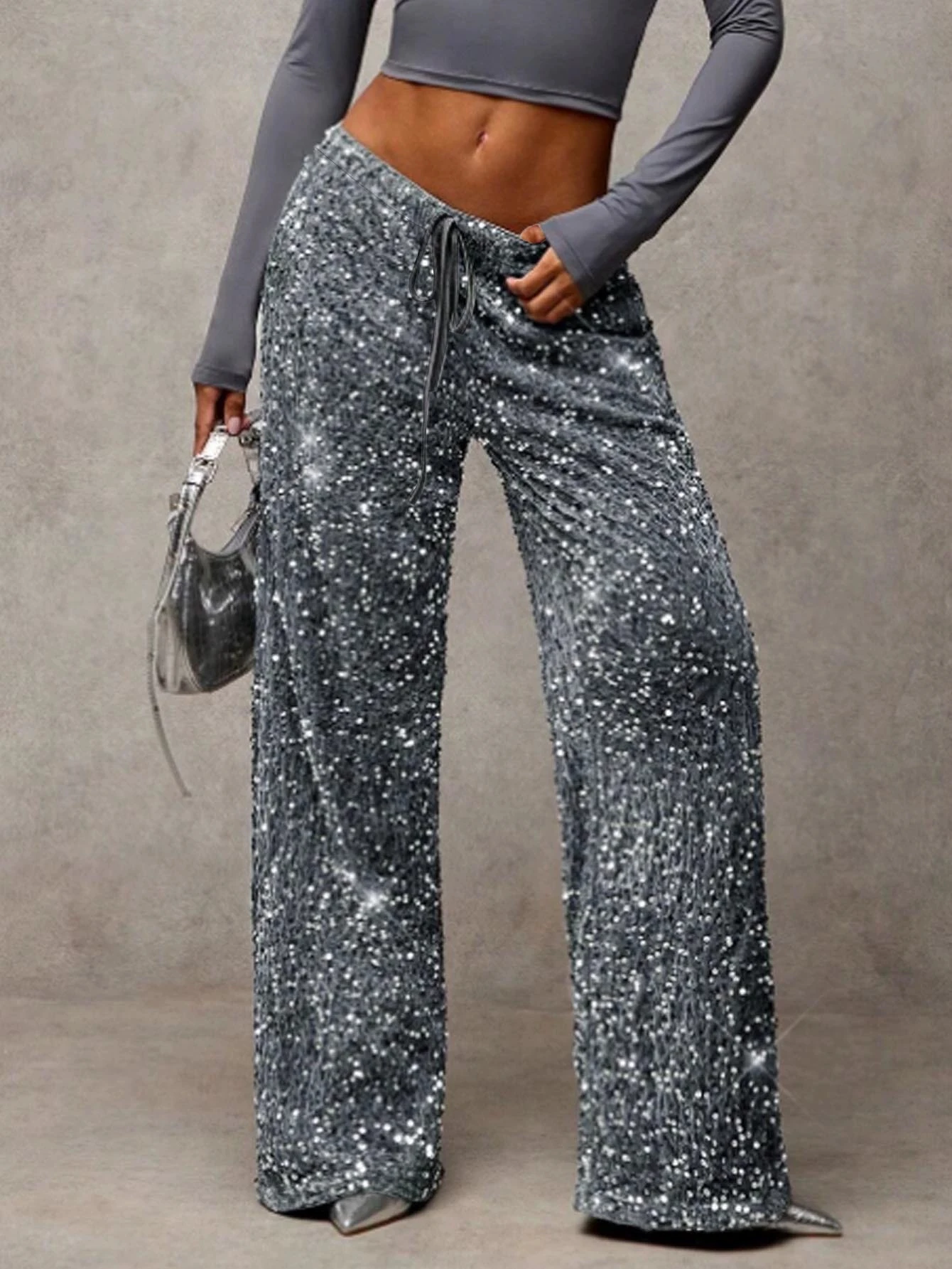 Euro-American style sequined fashion drawstring slimming new pants elastic straight-leg trousers women's clothing