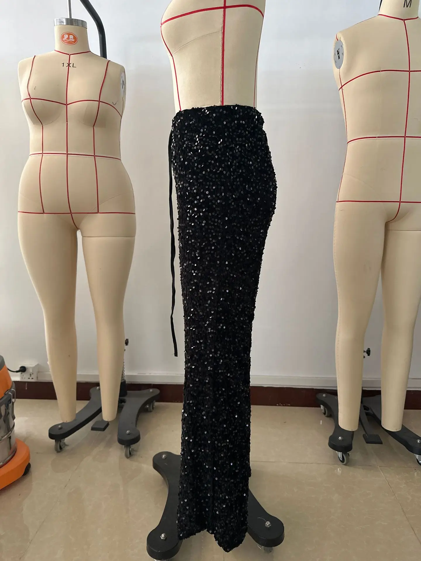 Euro-American style sequined fashion drawstring slimming new pants elastic straight-leg trousers women's clothing