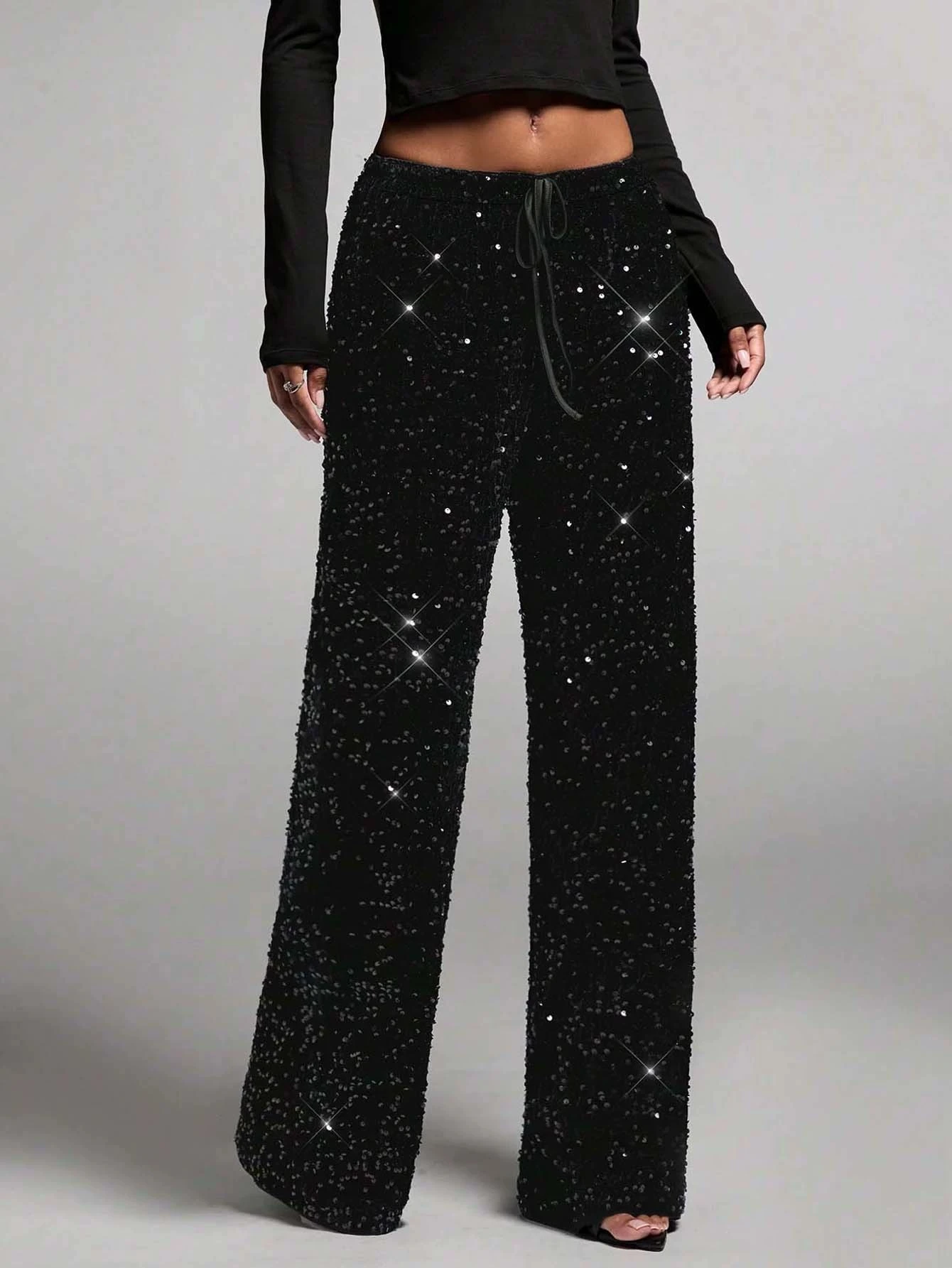 Euro-American style sequined fashion drawstring slimming new pants elastic straight-leg trousers women's clothing