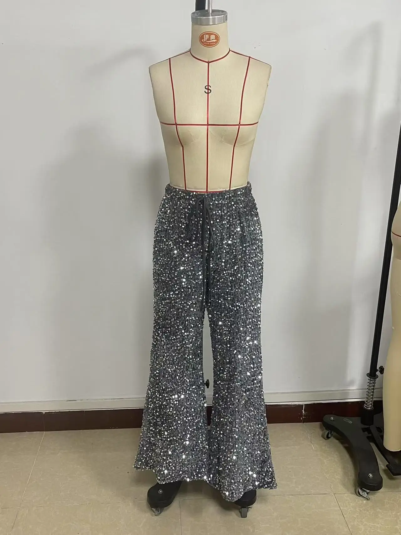 Euro-American style sequined fashion drawstring slimming new pants elastic straight-leg trousers women's clothing