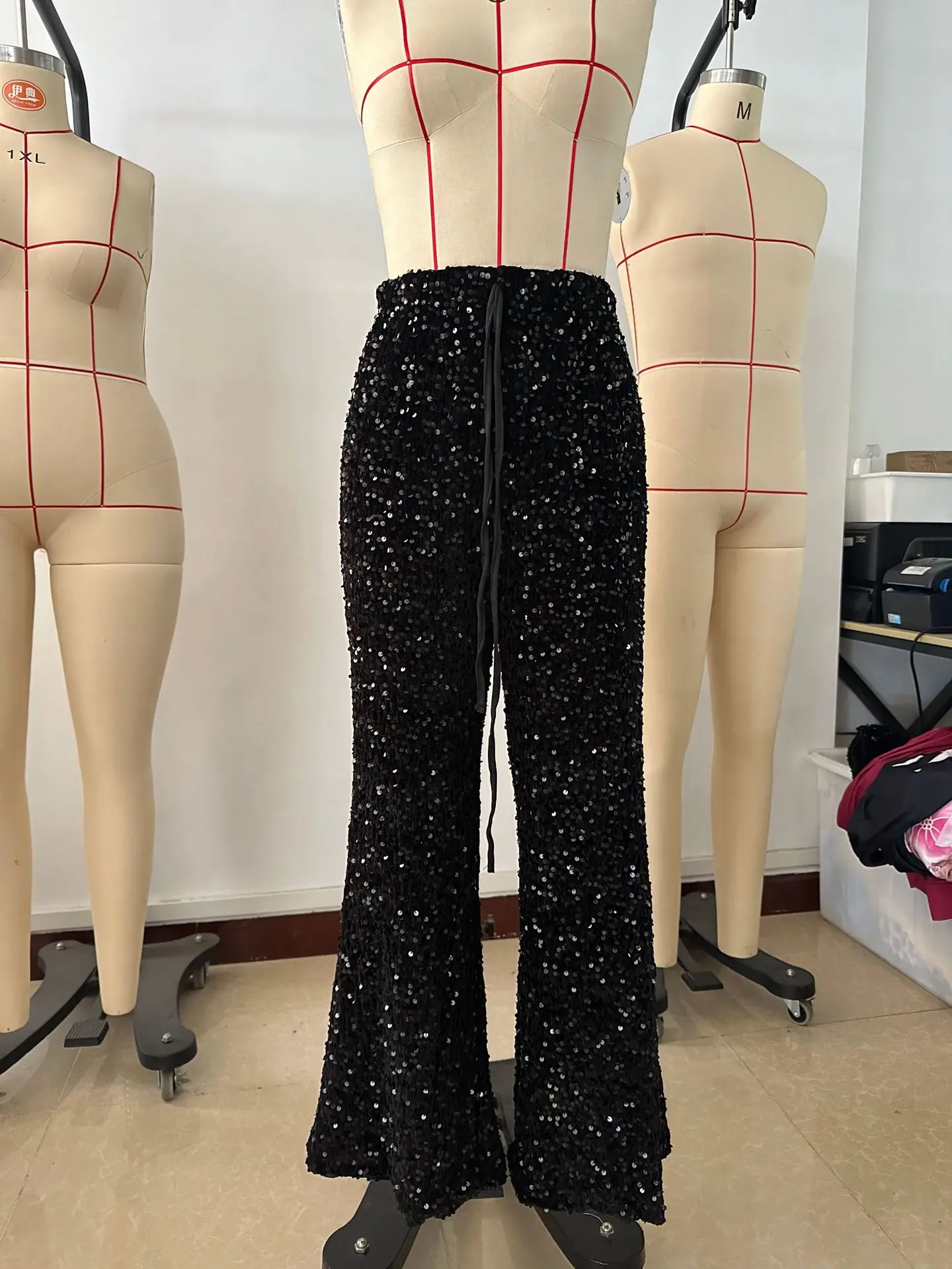 Euro-American style sequined fashion drawstring slimming new pants elastic straight-leg trousers women's clothing