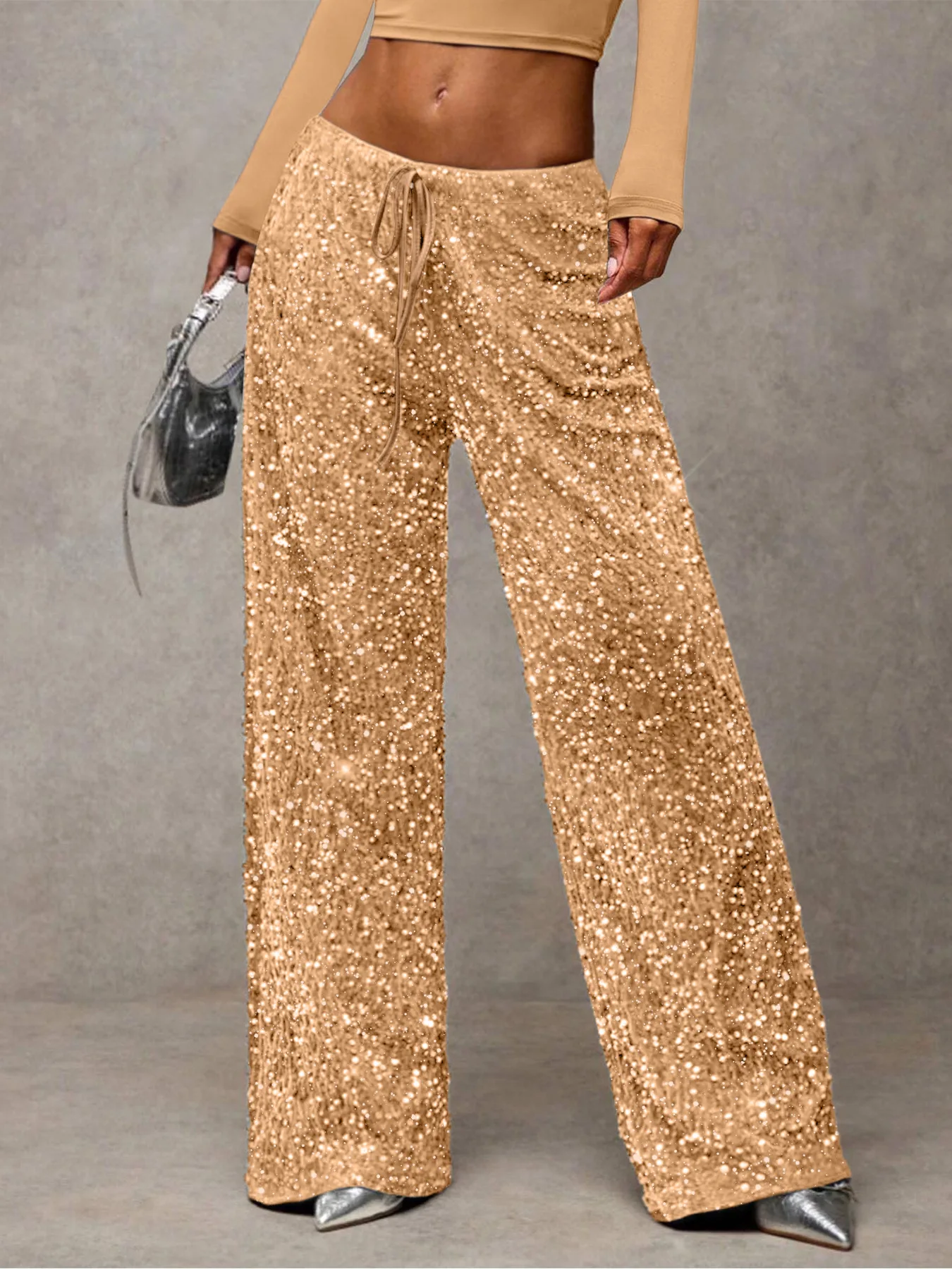 Euro-American style sequined fashion drawstring slimming new pants elastic straight-leg trousers women's clothing