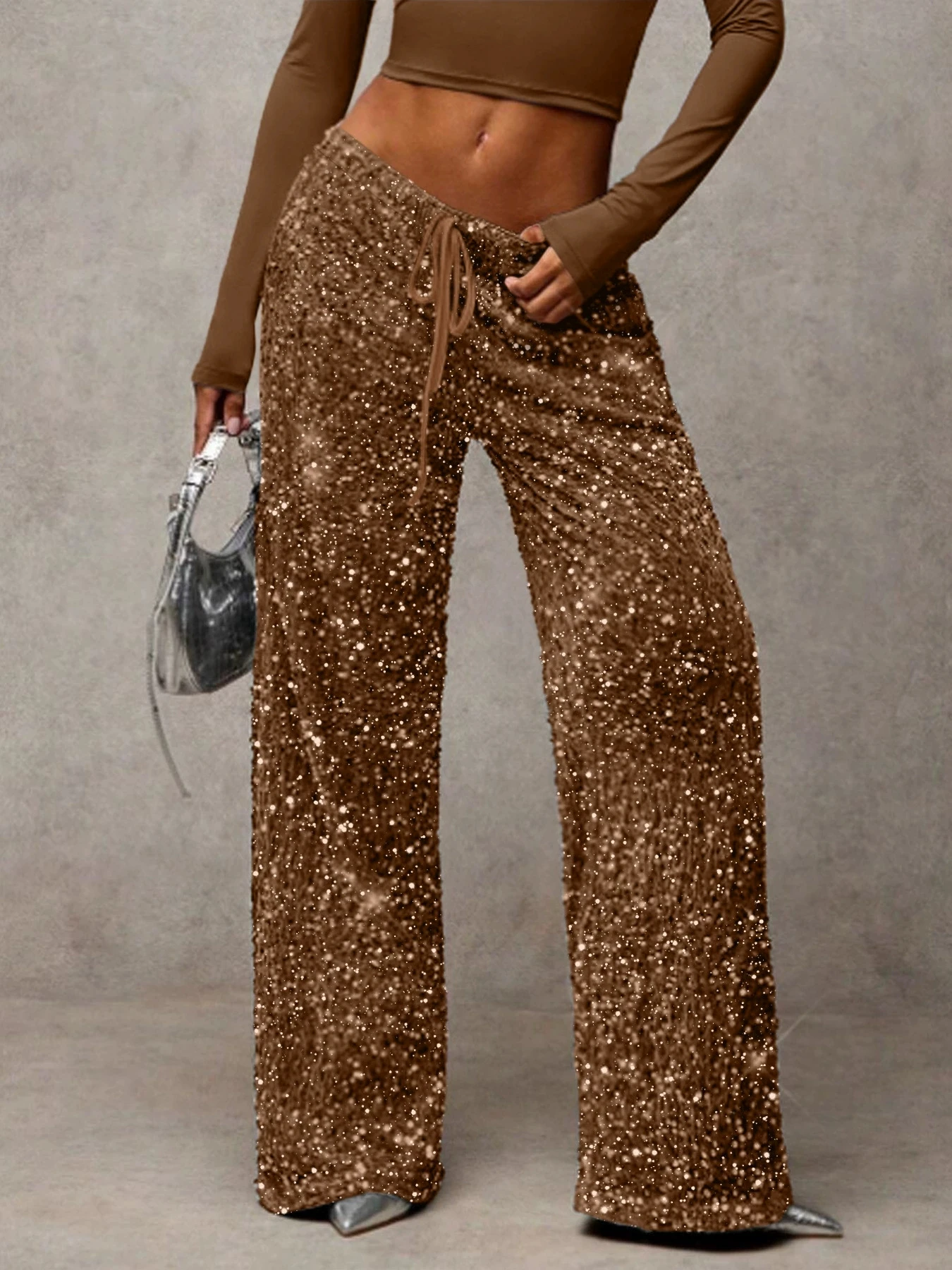 Euro-American style sequined fashion drawstring slimming new pants elastic straight-leg trousers women's clothing