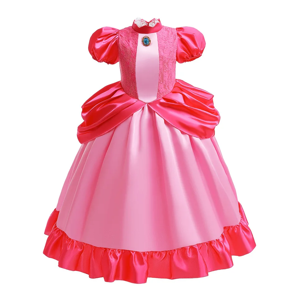 New 2026 Movie Inspired Lolita Princess Dress Super Plumber Bros's Friend Peach Costume Girls Pink Lace Frock Role Play Apparel