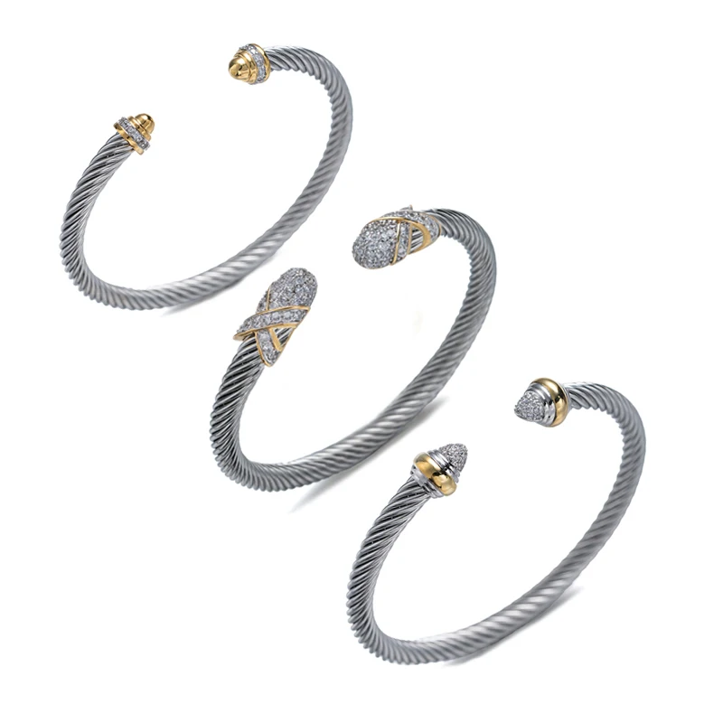 Unique X Design Wire Rope Bracelet Stainless Steel Bangle for Women Gold Plated Jewelry Gift Cubic Zirconia Cuff Bracelet