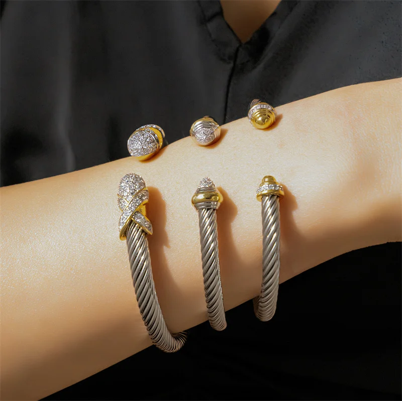 Unique X Design Wire Rope Bracelet Stainless Steel Bangle for Women Gold Plated Jewelry Gift Cubic Zirconia Cuff Bracelet